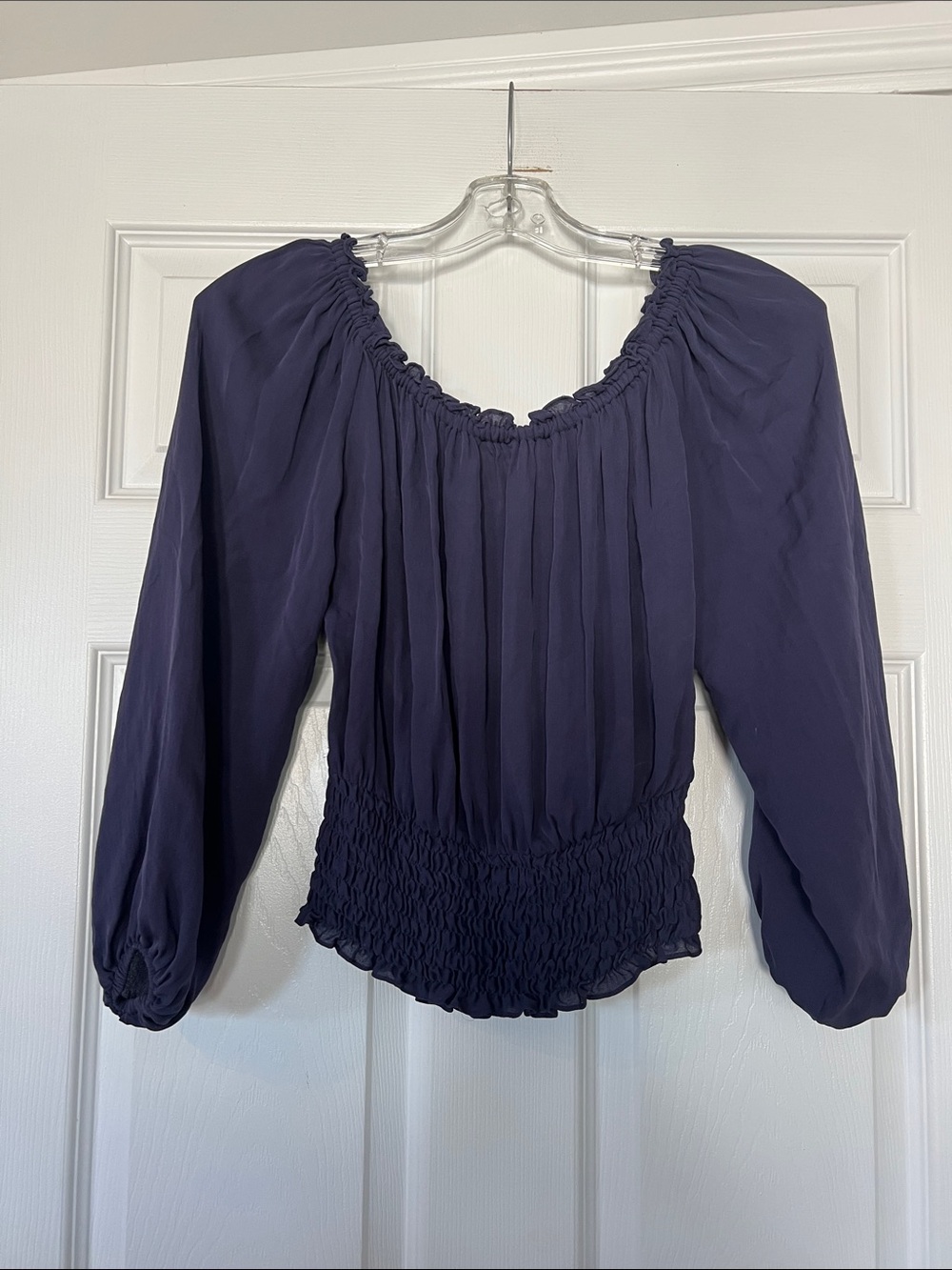 100% silk - Michael Kors Dark Navy Peasant Blouse with Smocked Hem